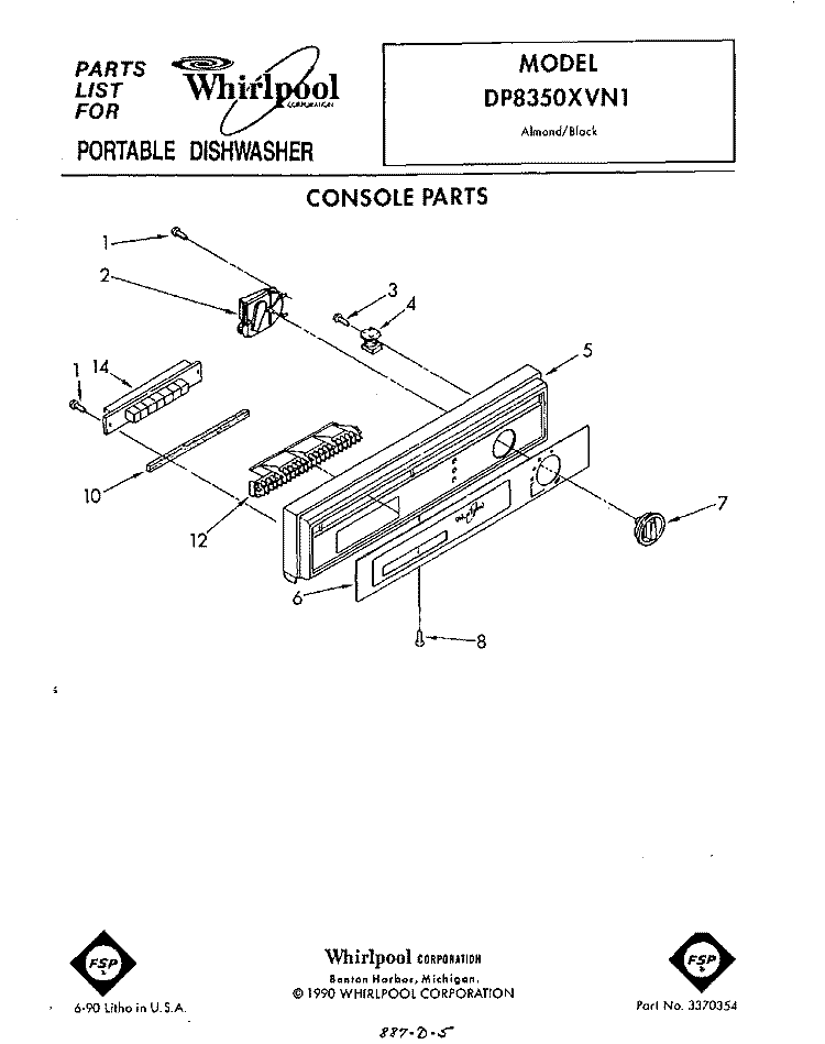 CONSOLE Diagram and Parts List for DP8350XVN1  Whirlpool Dishwasher