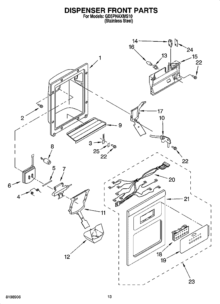 DISPENSER FRONT PARTS Diagram and Parts List for GD5PHAXMS10  Whirlpool Refrigerator