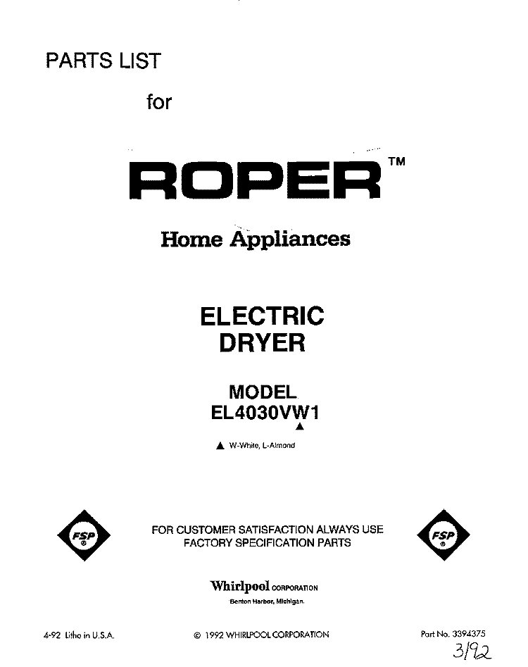 SECTION Diagram and Parts List for EL4030VW1  Roper Dryer