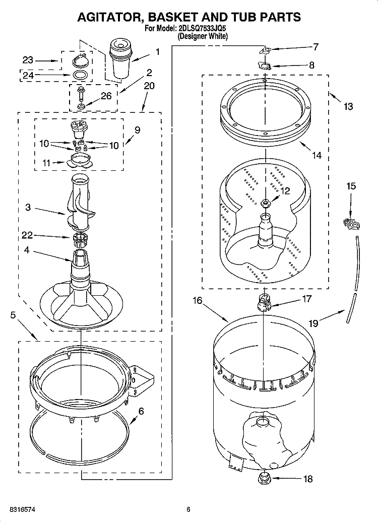 AGITATOR, BASKET AND TUB PARTS Diagram and Parts List for 2DLSQ7533JQ5  Whirlpool Washer