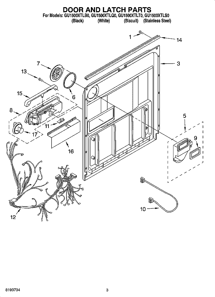 DOOR AND LATCH PARTS Diagram and Parts List for GU1500XTLB0  Whirlpool Dishwasher