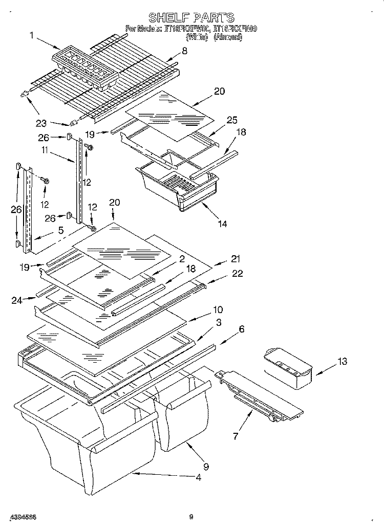 SHELF, LIT/OPTIONAL Diagram and Parts List for ET18PKXFN00  Whirlpool Refrigerator