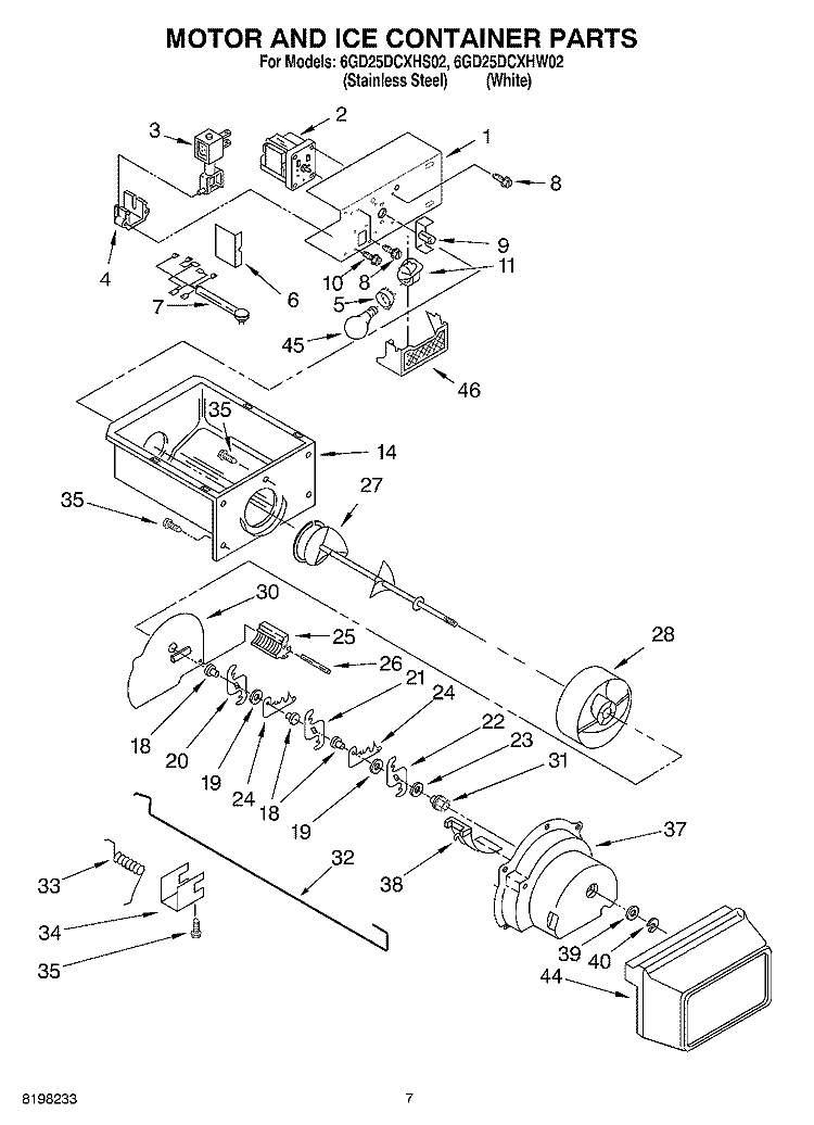 MOTOR AND ICE CONTAINER Diagram and Parts List for 6GD25DCXHW02  Whirlpool Refrigerator
