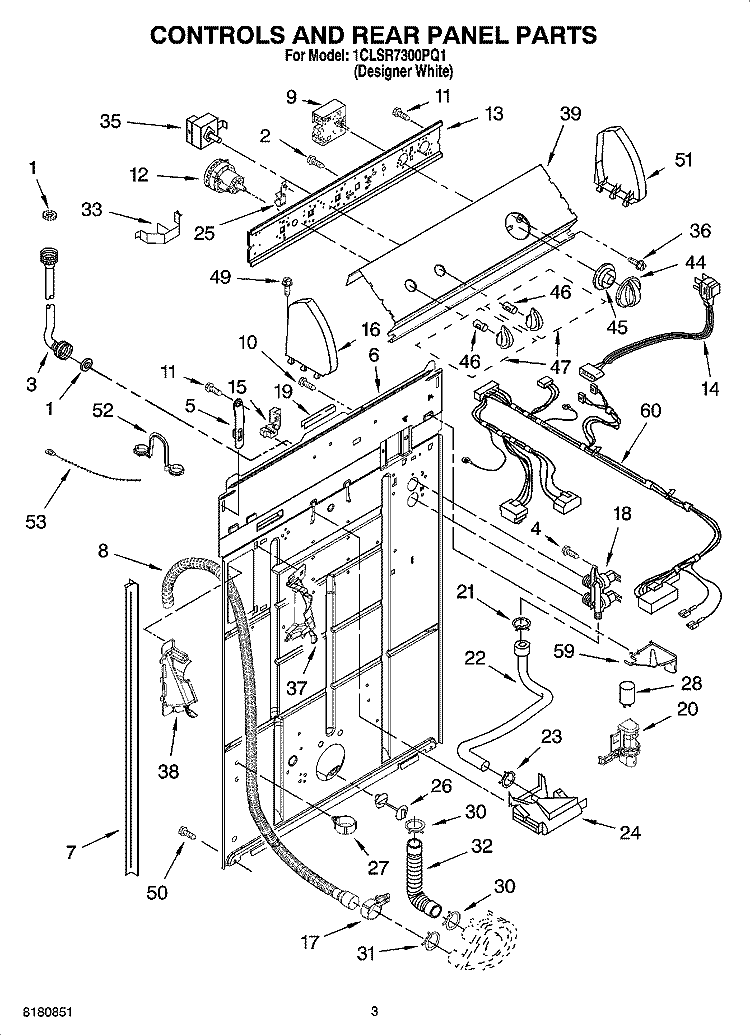 CONTROLS AND REAR PANEL PARTS Diagram and Parts List for 1CLSR7300PQ1  Whirlpool Washer