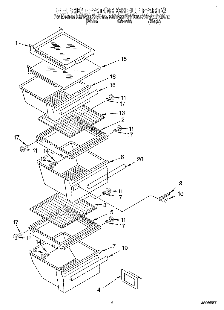 REFRIGERATOR SHELF Diagram and Parts List for KSRW22FHBT02  KitchenAid Refrigerator