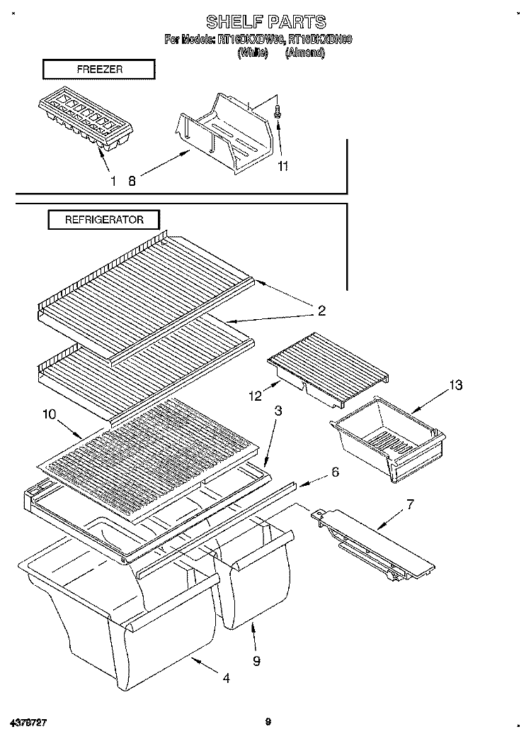 SHELF, LIT/OPTIONAL Diagram and Parts List for RT16DKXDW00  Roper Refrigerator