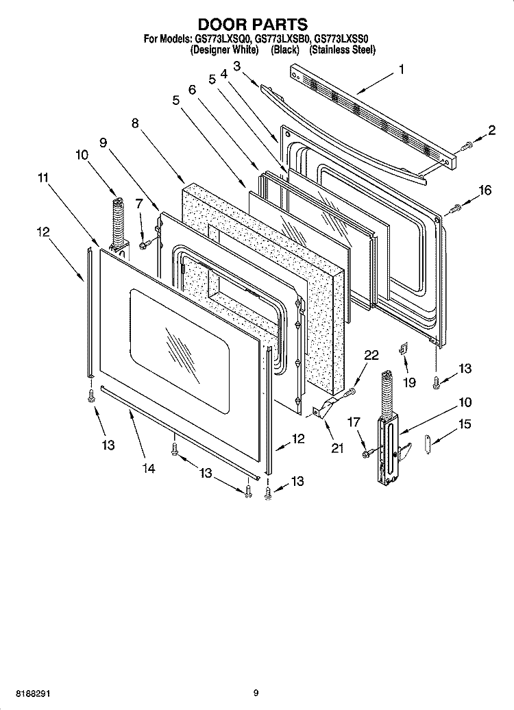 DOOR PARTS, OPTIONAL PARTS (NOT INCLUDED) Diagram and Parts List for GS773LXSQ0  Whirlpool Range