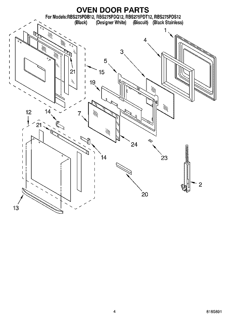 OVEN DOOR Diagram and Parts List for RBS275PDT12  Whirlpool Wall Oven