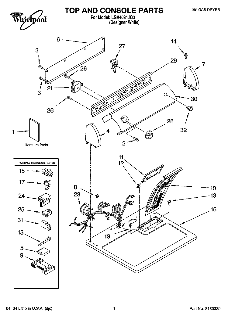 TOP AND CONSOLE PARTS Diagram and Parts List for LGV4634JQ3  Whirlpool Dryer