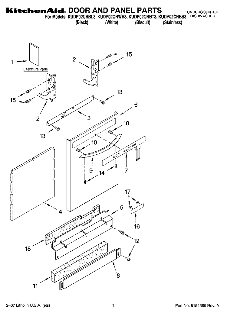 DOOR AND PANEL PARTS Diagram and Parts List for KUDP02CRBL3  KitchenAid Dishwasher
