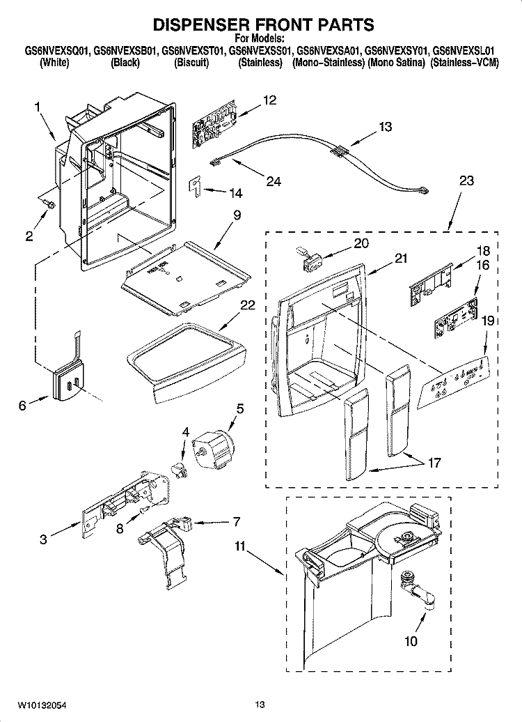 DISPENSER FRONT PARTS Diagram and Parts List for GS6NVEXSB01  Whirlpool Refrigerator