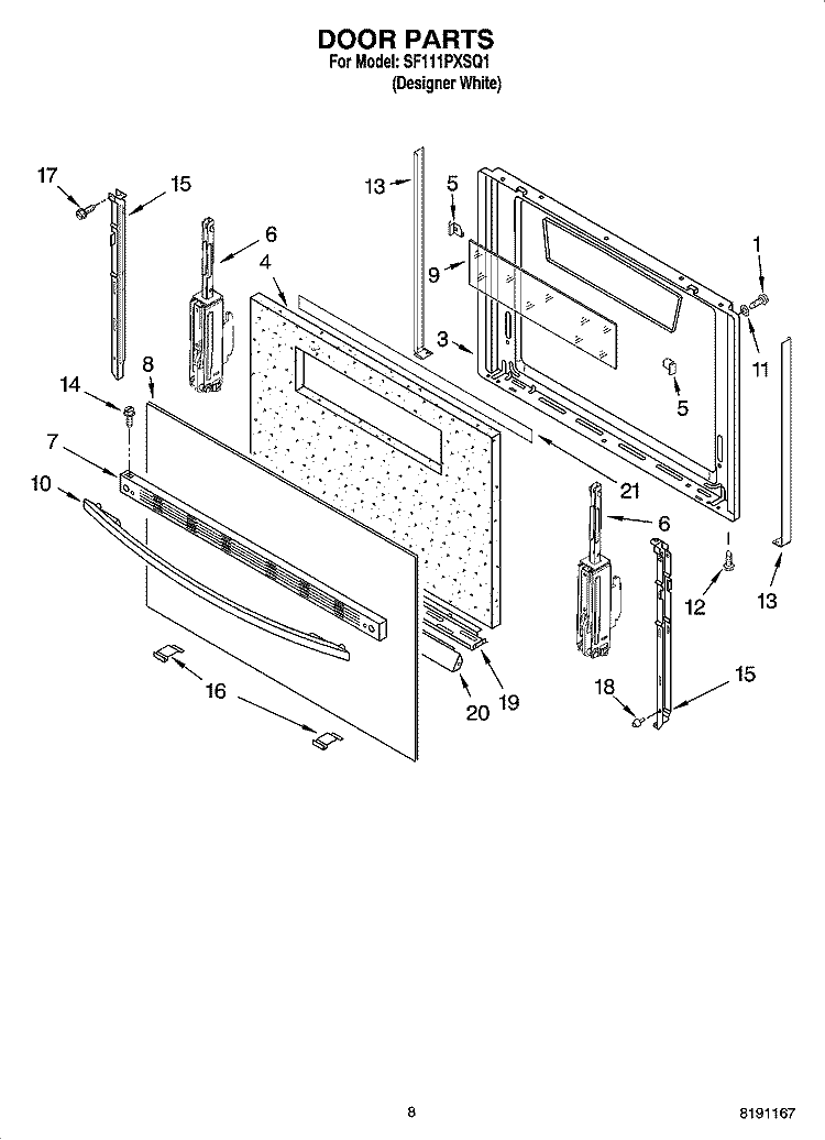 DOOR PARTS, OPTIONAL PARTS (NOT INCLUDED) Diagram and Parts List for SF111PXSQ1  Whirlpool Range