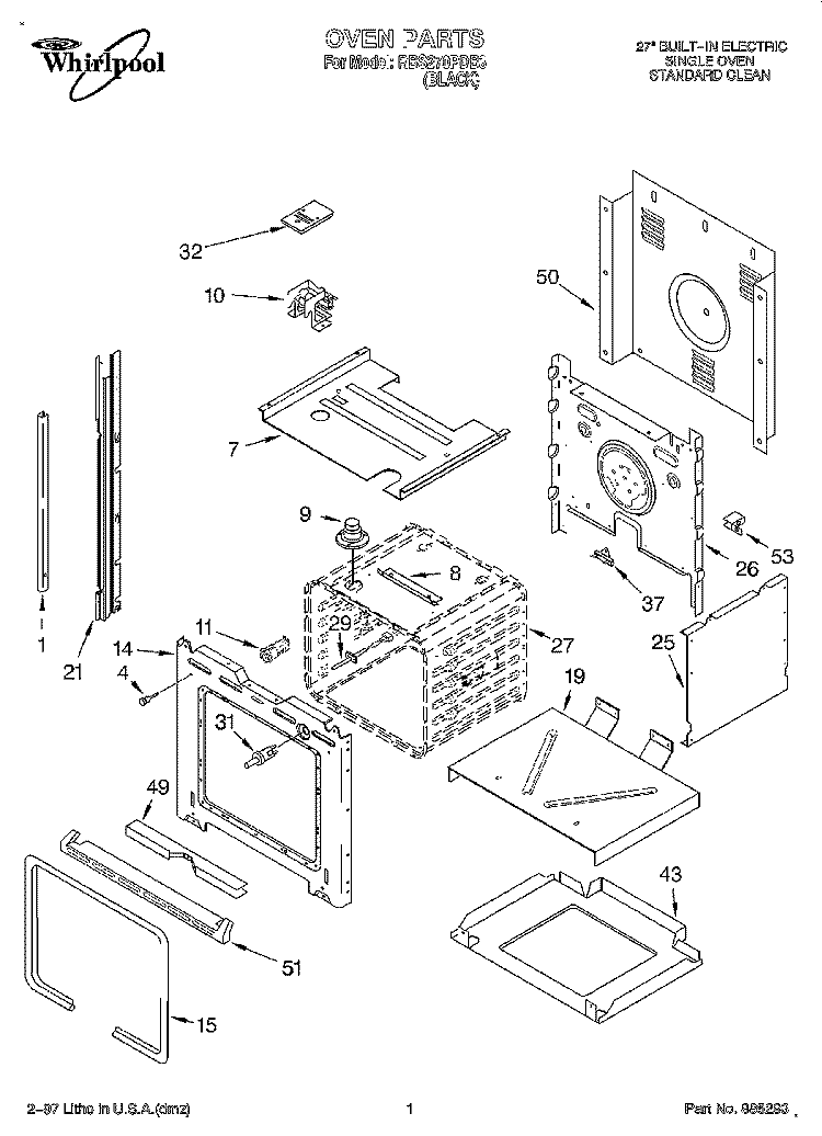 OVEN Diagram and Parts List for RBS270PDB3  Whirlpool Wall Oven