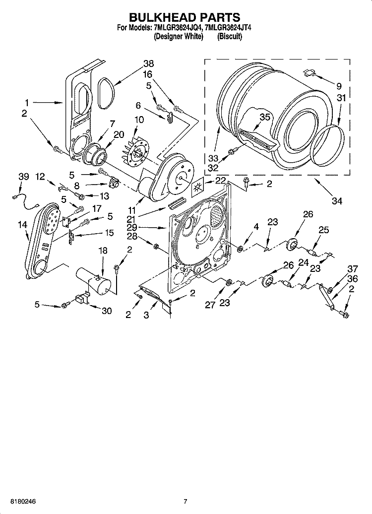 BULKHEAD PARTS Diagram and Parts List for 7MLGR3624JT4  Whirlpool Dryer