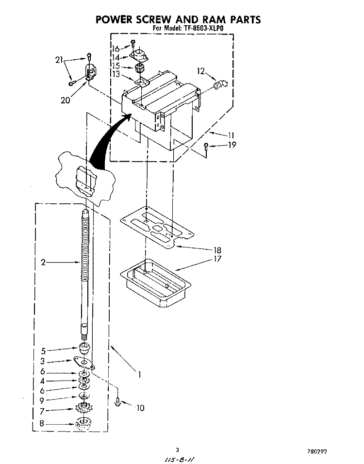 POWER SCREW AND RAM Diagram and Parts List for TF8503XLP0  Whirlpool Trash Compactor