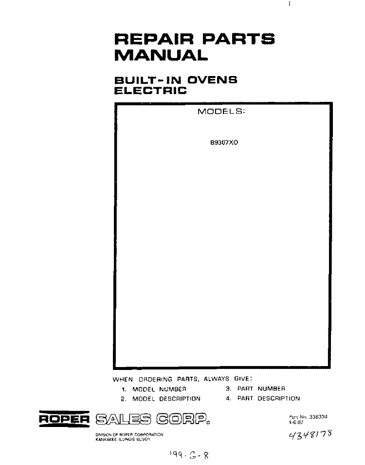CONTROL PANEL Diagram and Parts List for B9307^0  Roper Wall Oven
