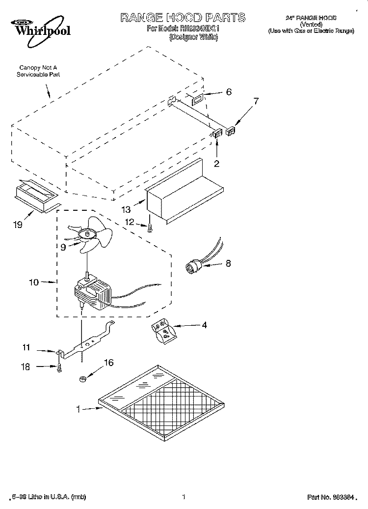 SECTION Diagram and Parts List for RH2324XDQ1  Whirlpool Range Hood