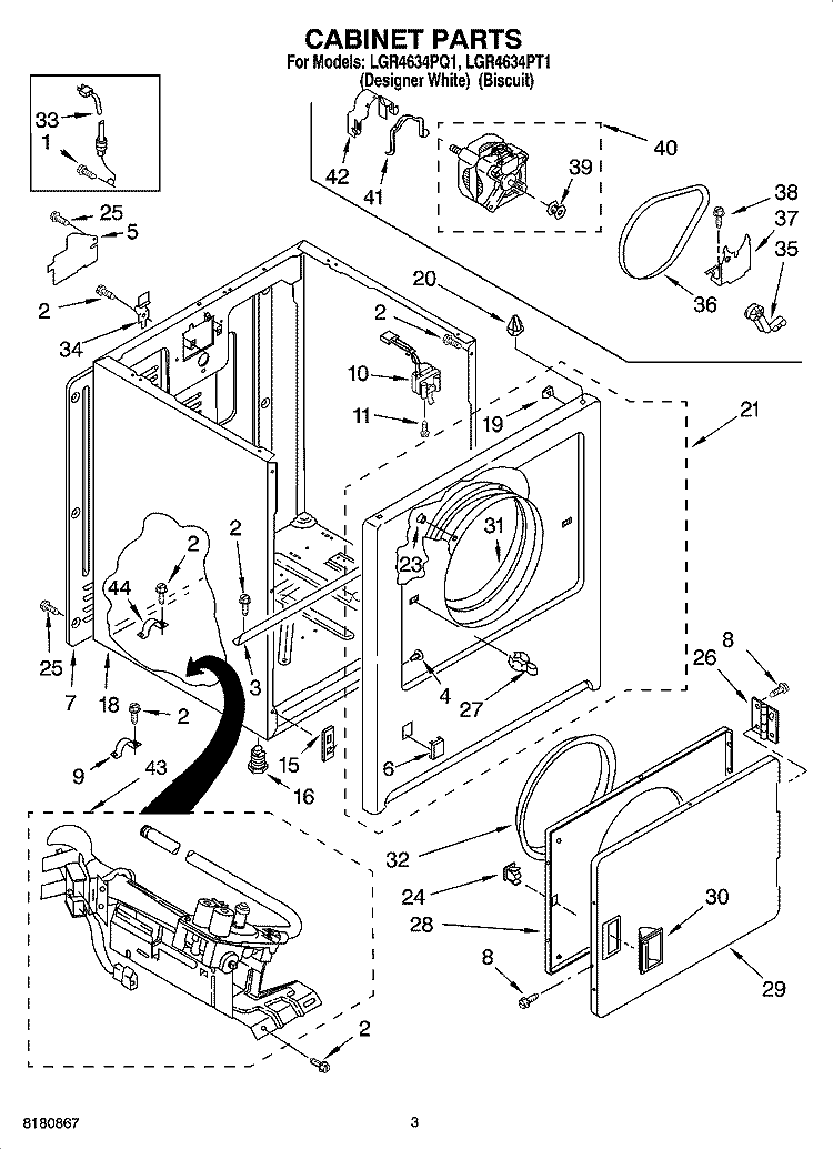 CABINET PARTS Diagram and Parts List for LGR4634PQ1  Whirlpool Dryer
