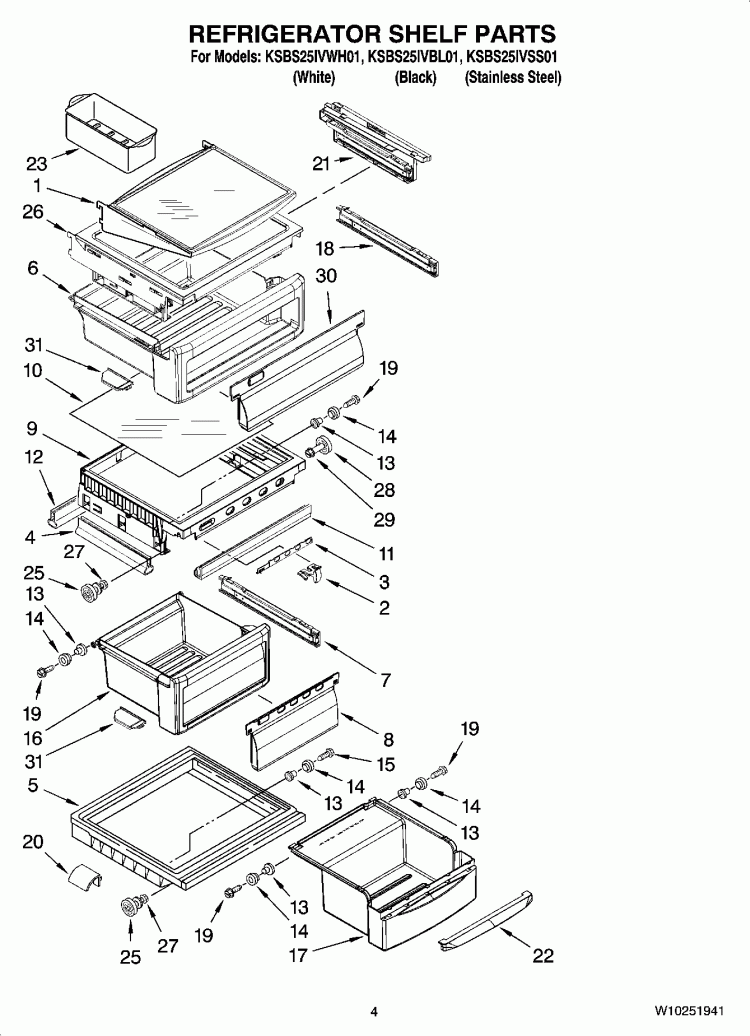 REFRIGERATOR SHELF PARTS Diagram and Parts List for KSBS25IVBL01  KitchenAid Refrigerator