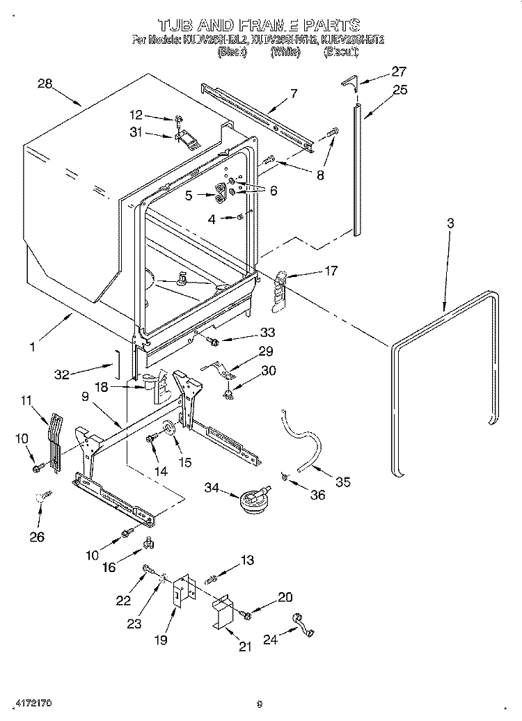 TUB AND FRAME Diagram and Parts List for KUDV25SHBL2  KitchenAid Dishwasher