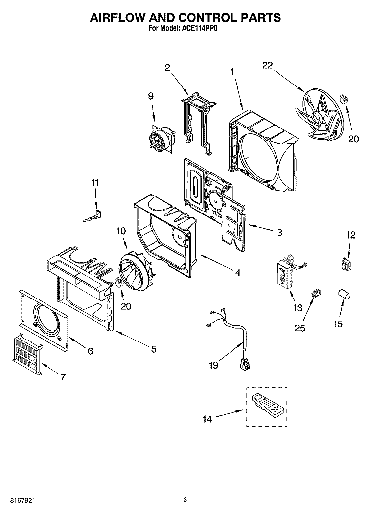 AIRFLOW AND CONTROL PARTS Diagram and Parts List for ACE114PP0  Whirlpool Air Conditioner