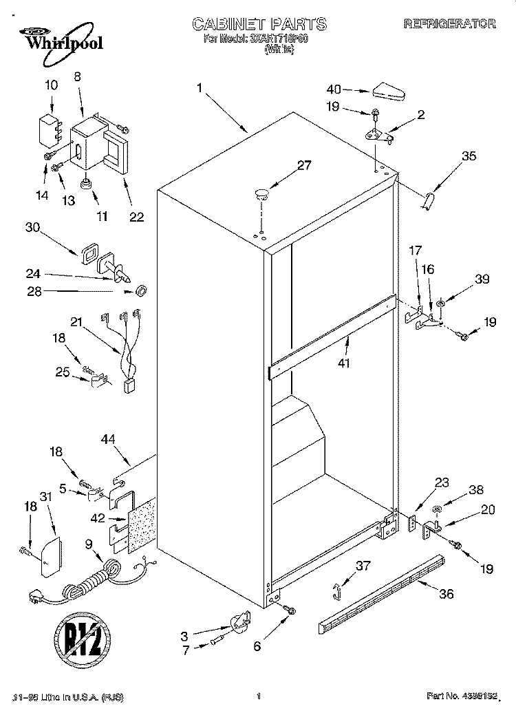 CABINET Diagram and Parts List for 3XART718F00  Whirlpool Refrigerator