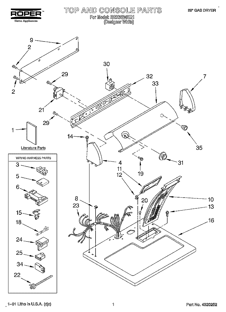 TOP AND CONSOLE, LIT/OPTIONAL Diagram and Parts List for RGX5634KQ1  Roper Dryer