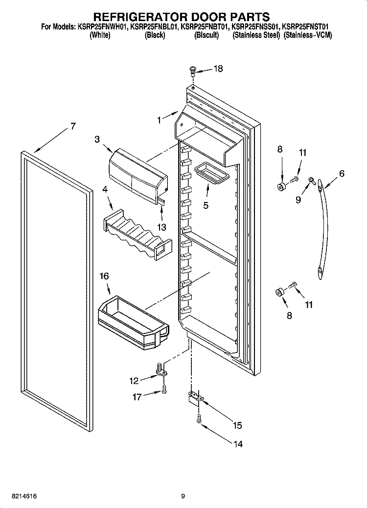 REFRIGERATOR DOOR PARTS Diagram and Parts List for KSRP25FNBL01  KitchenAid Refrigerator