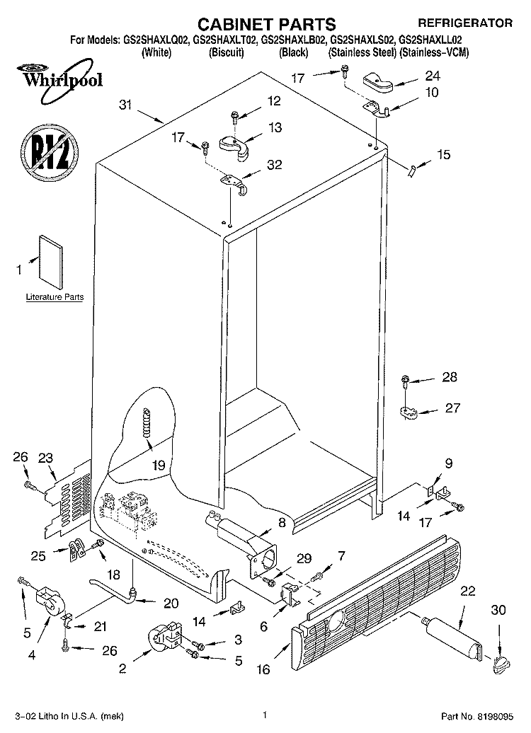 CABINET, LITERATURE Diagram and Parts List for GS2SHAXLS02  Whirlpool Refrigerator