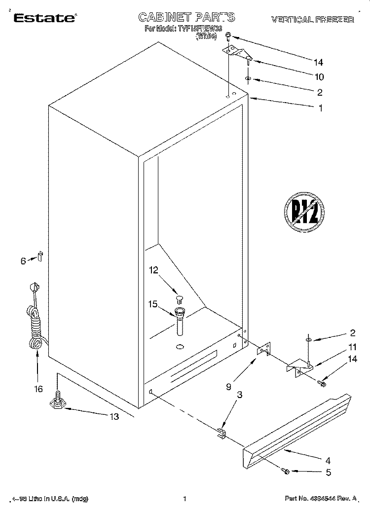 CABINET Diagram and Parts List for TVF15FREW03  Whirlpool Freezer