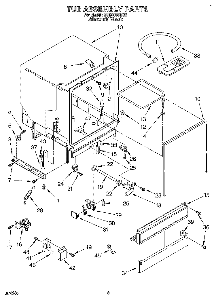 TUB ASSEMBLY, LIT/OPTIONAL Diagram and Parts List for RUD4500DB0  Roper Dishwasher