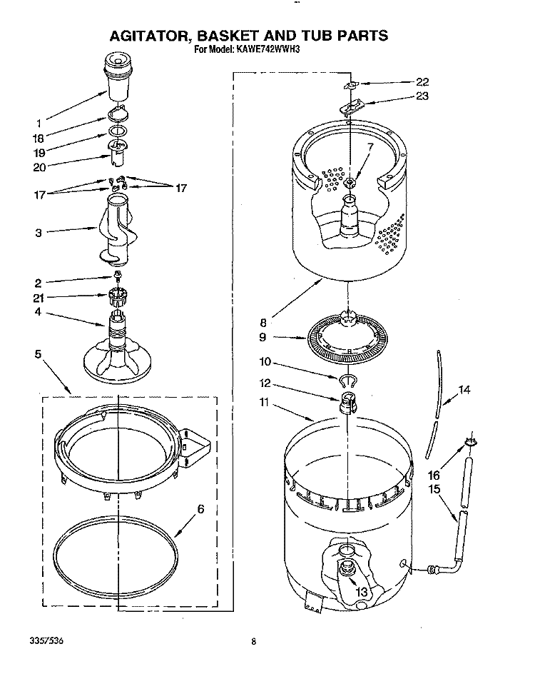 AGITATOR, BASKET AND TUB Diagram and Parts List for KAWE742WAL3  KitchenAid Washer