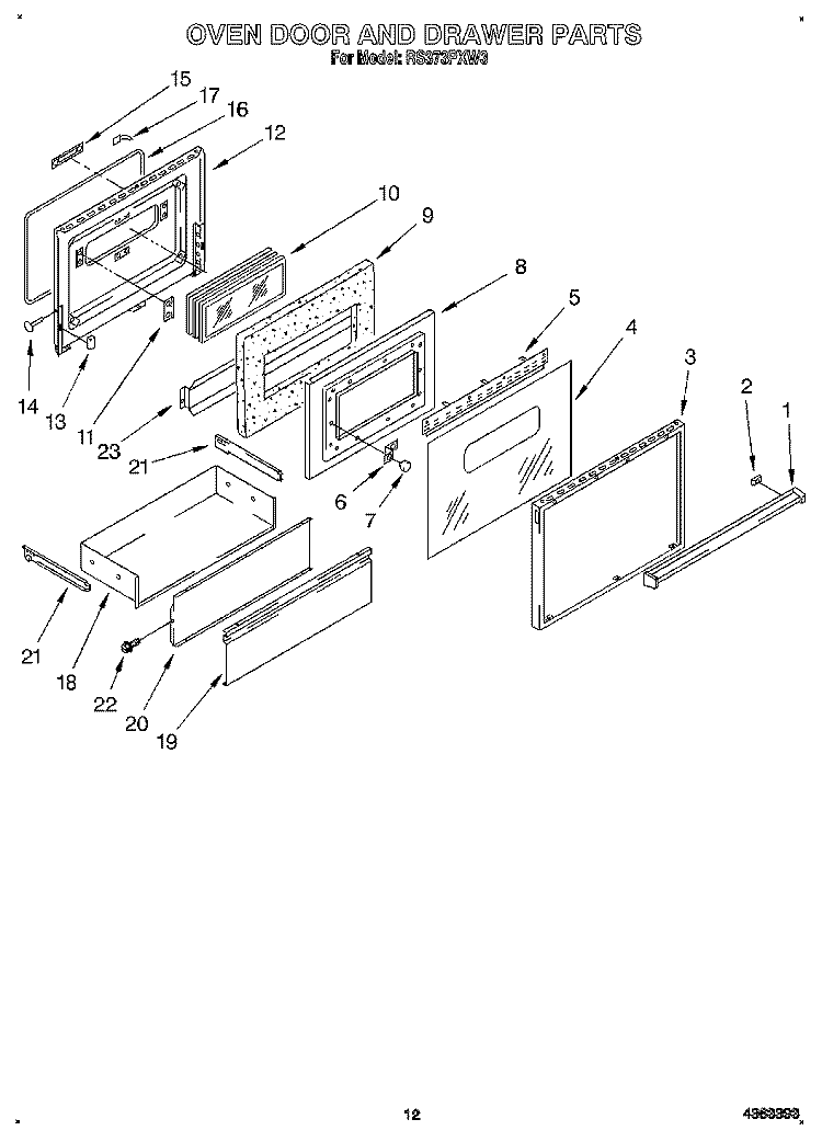 OVEN DOOR AND DRAWER Diagram and Parts List for RS373PXW3  Whirlpool Range