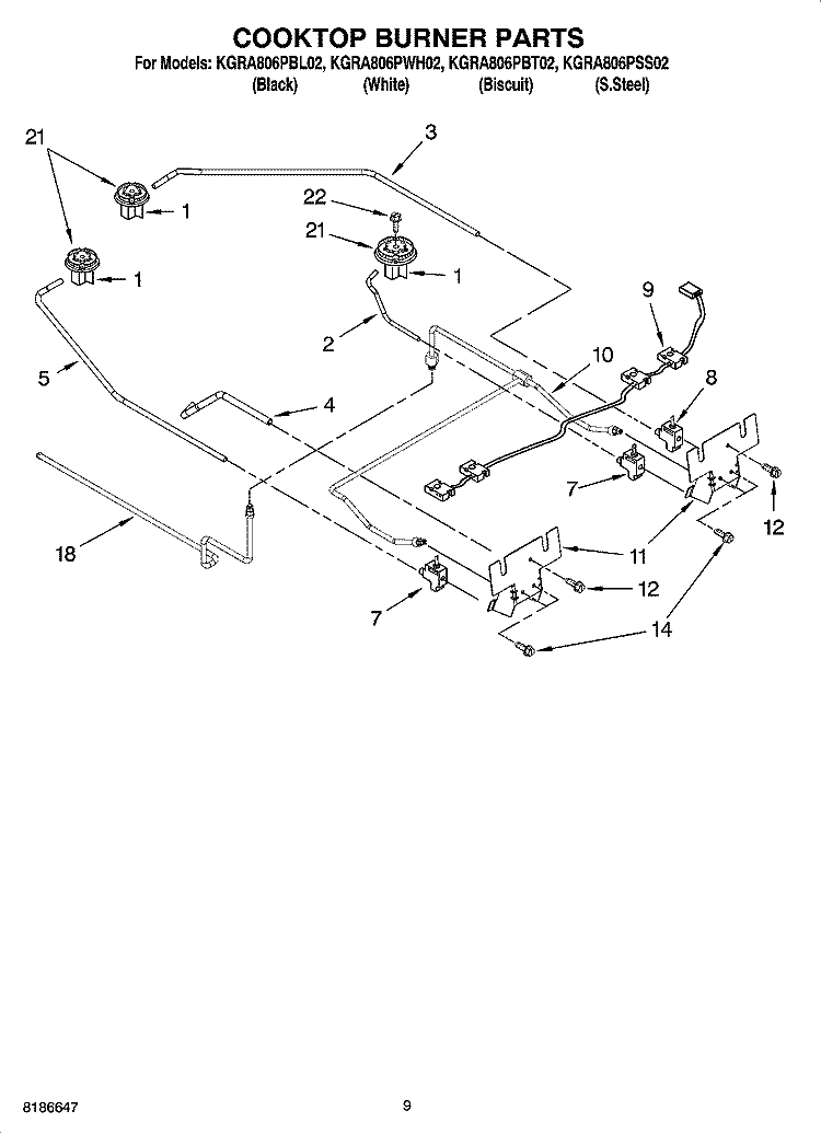 COOKTOP BURNER PARTS Diagram and Parts List for KGRA806PBT02  KitchenAid Range