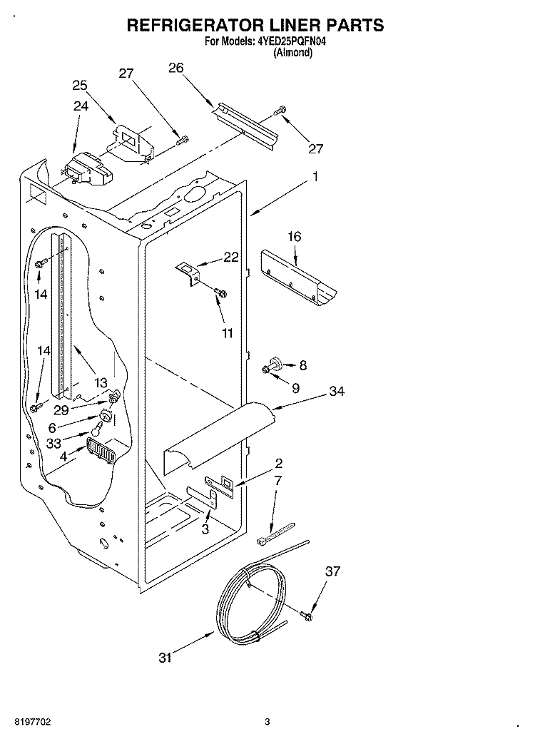 REFRIGERATOR LINER Diagram and Parts List for 4YED25PQFN04  Whirlpool Refrigerator