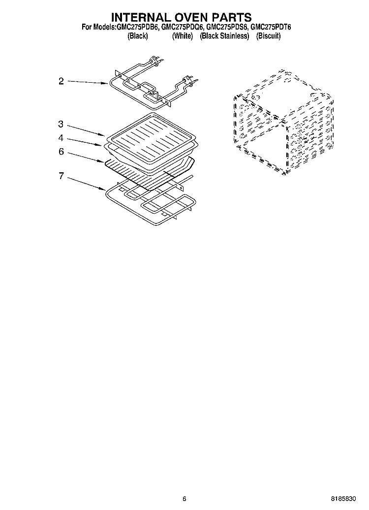 INTERNAL OVEN Diagram and Parts List for GMC275PDS6  Whirlpool Microwave Oven Combo
