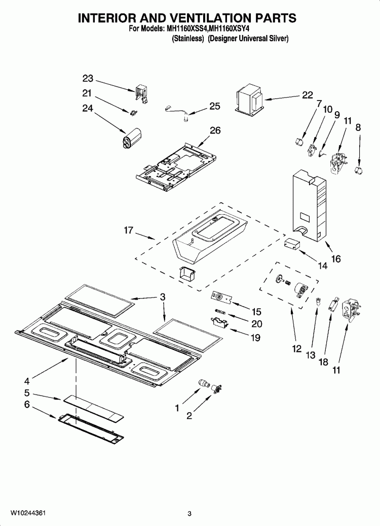 INTERIOR AND VENTILATION PARTS Diagram and Parts List for MH1160XSY4  Whirlpool Microwave