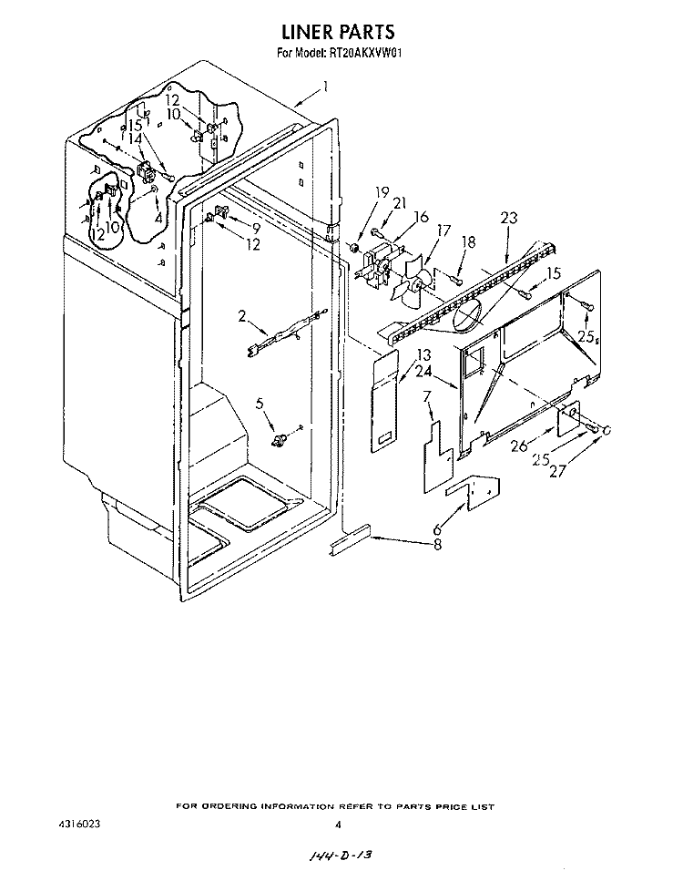 LINER Diagram and Parts List for RT20AKXVW01  Roper Refrigerator