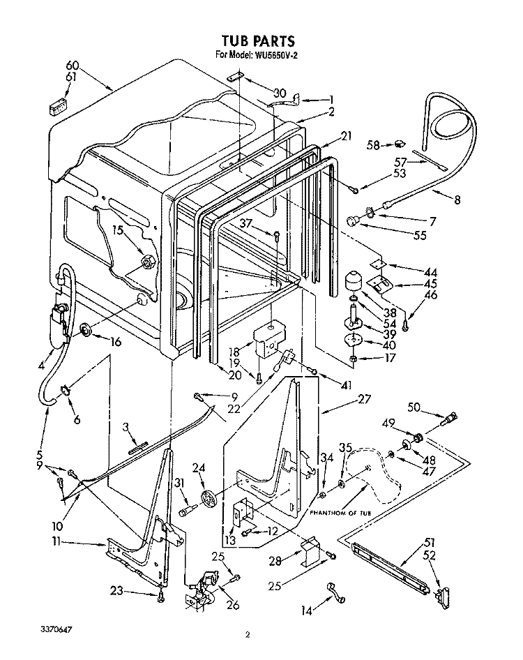 TUB, LIT/OPTIONAL Diagram and Parts List for WU5650V2  Roper Dishwasher