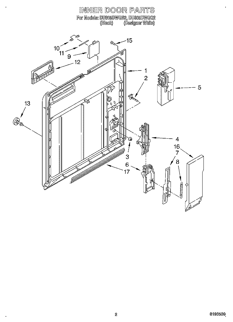INNER DOOR Diagram and Parts List for DU805DWGQ2  Whirlpool Dishwasher