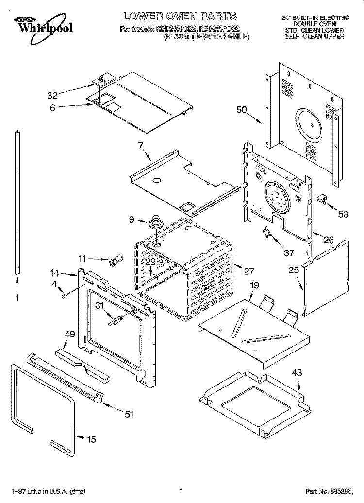LOWER OVEN Diagram and Parts List for RBD245PDB2  Whirlpool Wall Oven