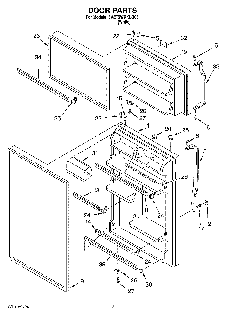DOOR PARTS Diagram and Parts List for 5VET2WPKLQ05  Whirlpool Refrigerator