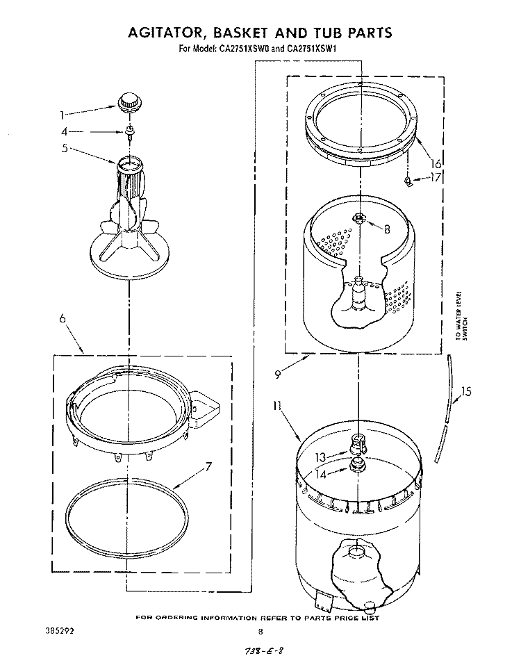 AGITATOR, BASKET AND TUB Diagram and Parts List for CA2751XSW0  Whirlpool Washer