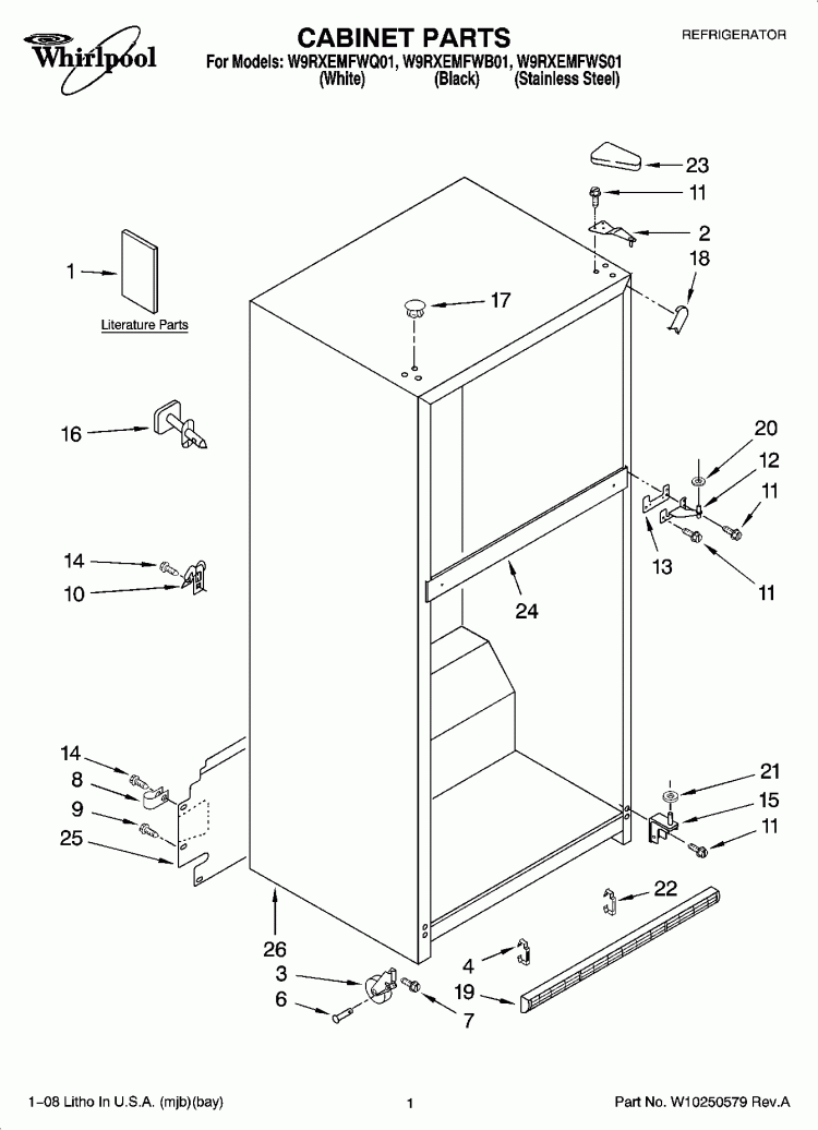 CABINET PARTS Diagram and Parts List for W9RXEMFWS01  Whirlpool Refrigerator
