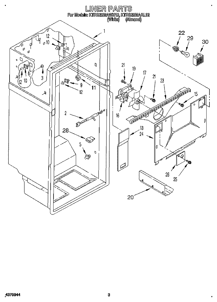 LINER Diagram and Parts List for KTRS22MAWH12  KitchenAid Refrigerator
