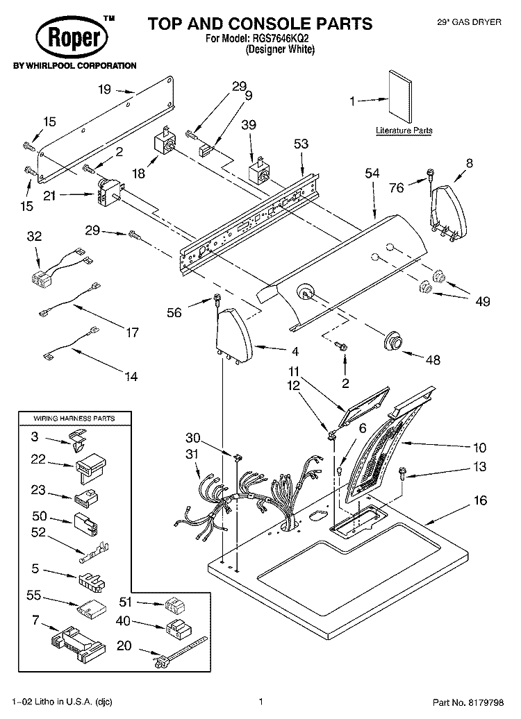 TOP AND CONSOLE, LITERATURE Diagram and Parts List for RGS7646KQ2  Roper Dryer