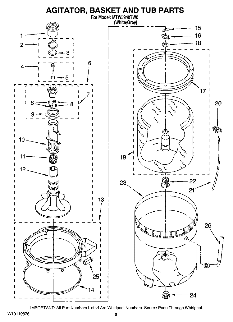 AGITATOR, BASKET AND TUB PARTS Diagram and Parts List for MTW5940TW0  Whirlpool Washer