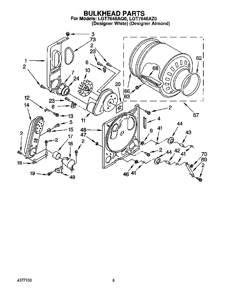 BULKHEAD Diagram and Parts List for LGT7646AZ0  Whirlpool Dryer