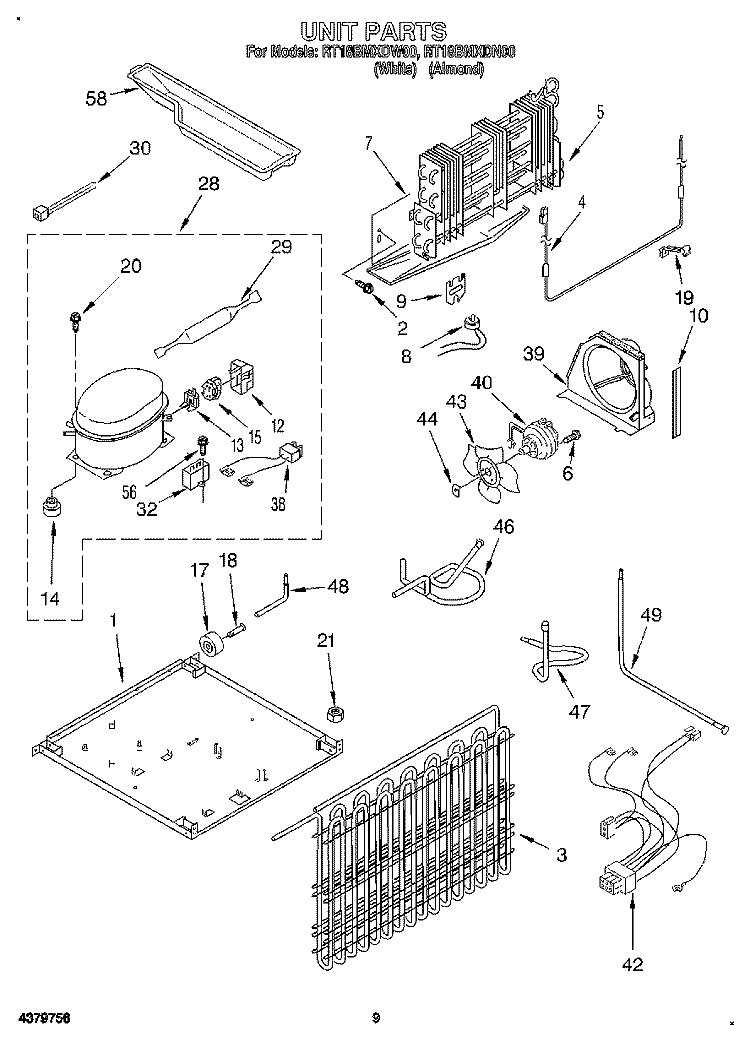 UNIT Diagram and Parts List for RT18BMXDW00  Roper Refrigerator