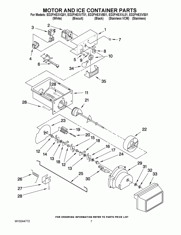 MOTOR AND ICE CONTAINER PARTS Diagram and Parts List for ED2FHEXVB01  Whirlpool Refrigerator